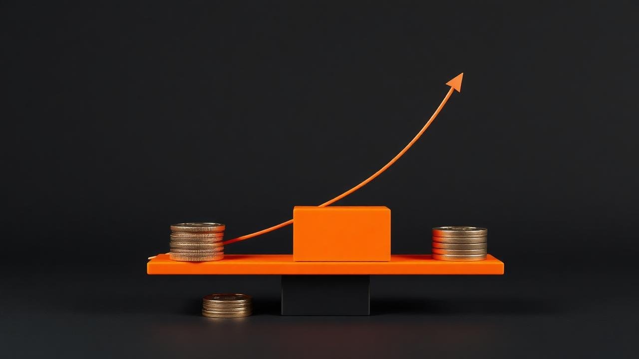 Balança 3D laranja equilibrando moedas e uma curva ascendente, representando custo de aquisição e valor do cliente