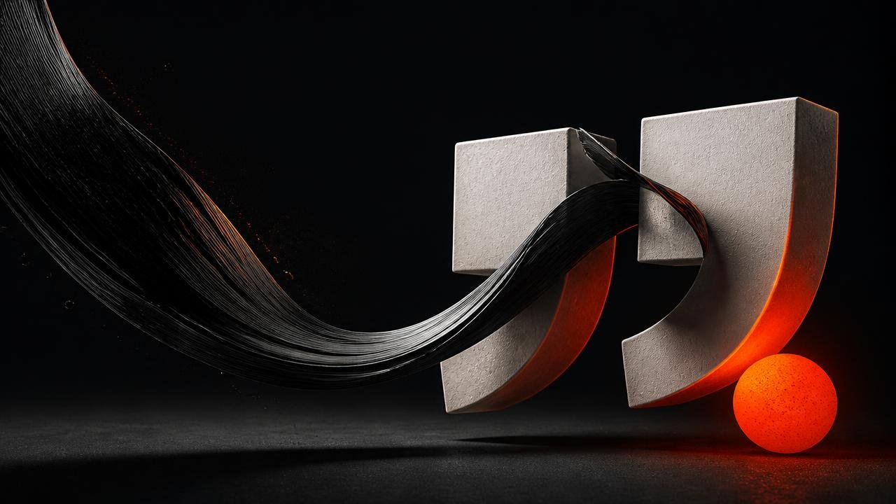 Escultura 3D de aspas em concreto claro com fita preta fluida e esfera laranja sobre fundo escuro