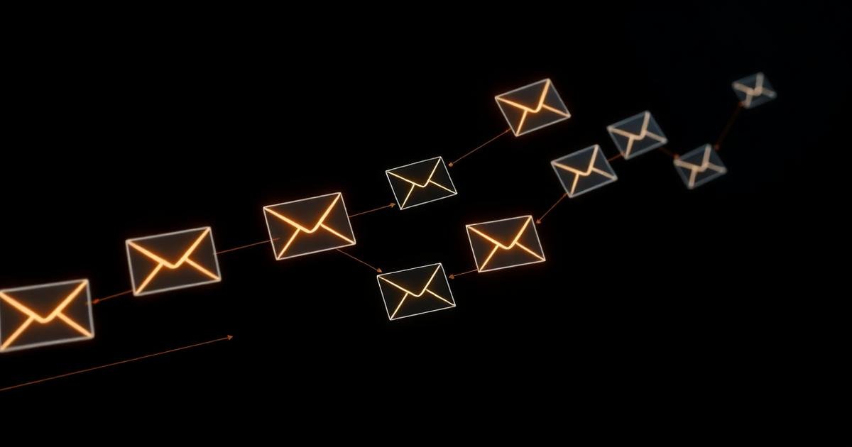 Render 3D de envelopes luminosos em sequência sobre fundo escuro com trilhas laranja de automação
