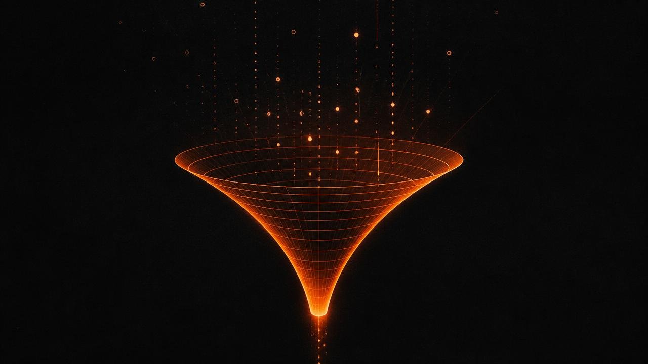 Ilustração 3D de um funil de vendas luminoso laranja com partículas de dados entrando pelo topo