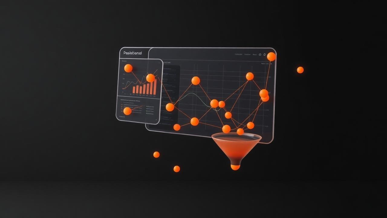 Painéis 3D de analytics com nós laranja conectados e um funil de vidro representando eventos de conversão