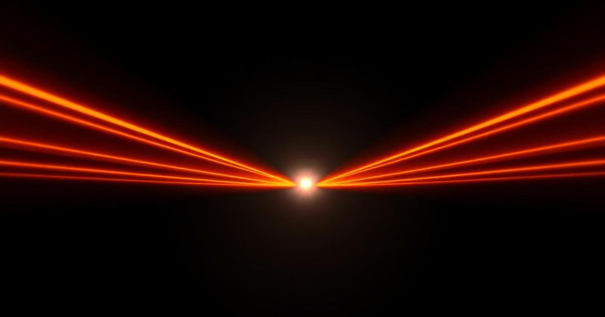 Render 3D de duas trilhas luminosas laranja convergindo para um mesmo ponto sobre fundo escuro