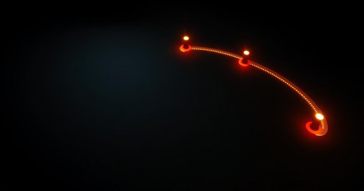 Render 3D de um caminho sinuoso luminoso com pontos de contato laranja sobre fundo escuro