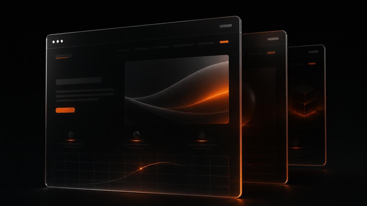 Mockups 3D de janelas de navegador com uma landing page escura e detalhes laranja em perspectiva