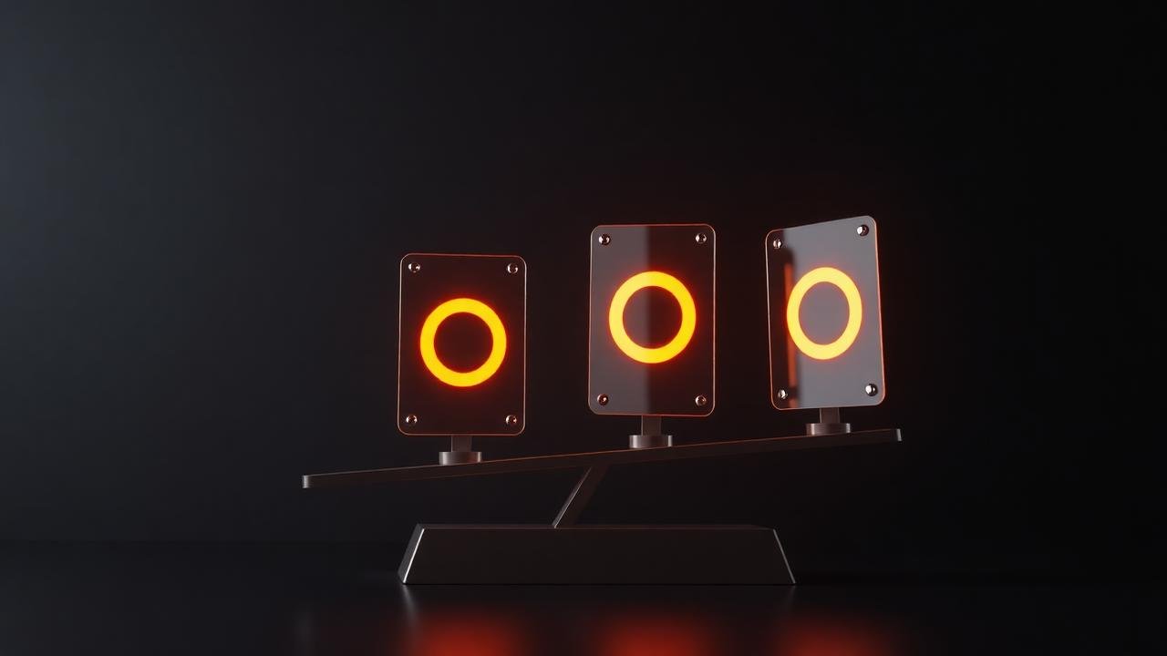 Render 3D de cartões de contato em uma balança com anéis laranja luminosos representando pontuação de leads