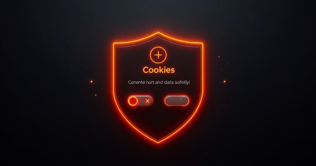 Render 3D de escudo luminoso laranja protegendo fluxo de dados sobre fundo escuro