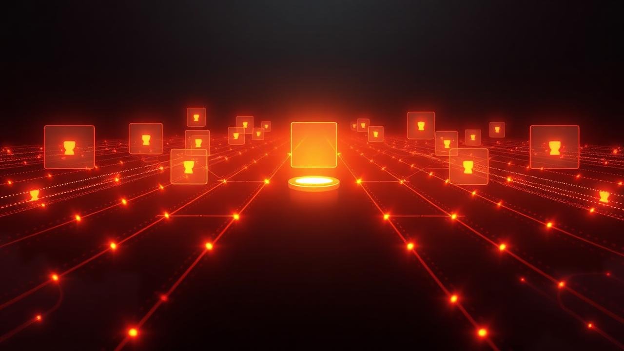 Render 3D de fluxos de dados laranja convergindo para um ponto de conversão