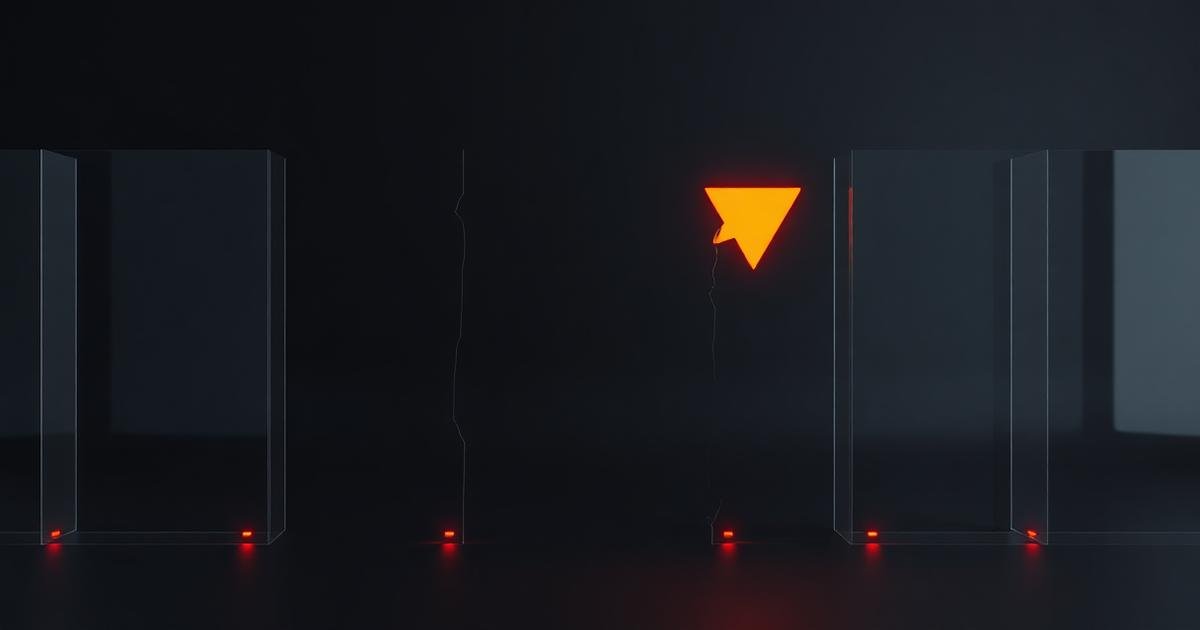 Render 3D de barreiras de vidro sendo atravessadas por uma seta laranja luminosa sobre fundo escuro