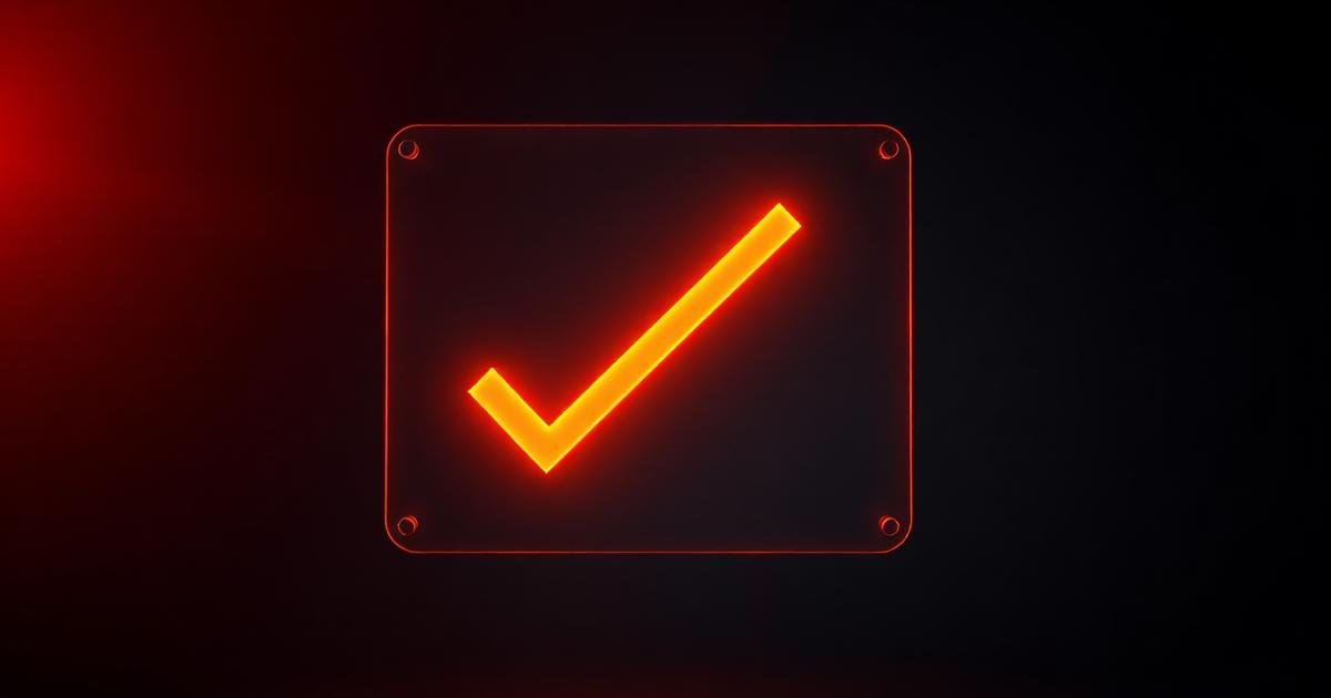 Render 3D de um painel de vidro escuro com um grande check laranja luminoso representando confirmação de conversão