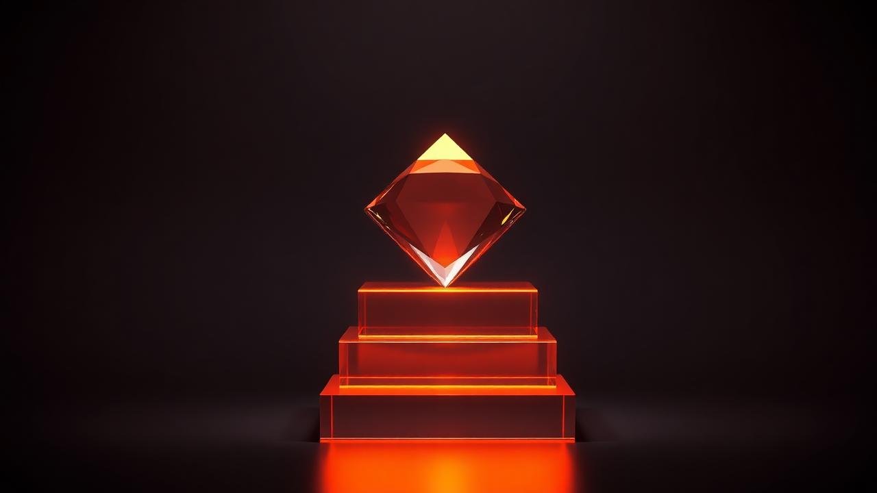 Render 3D de um diamante de vidro laranja iluminado sobre degraus translúcidos, simbolizando proposta de valor