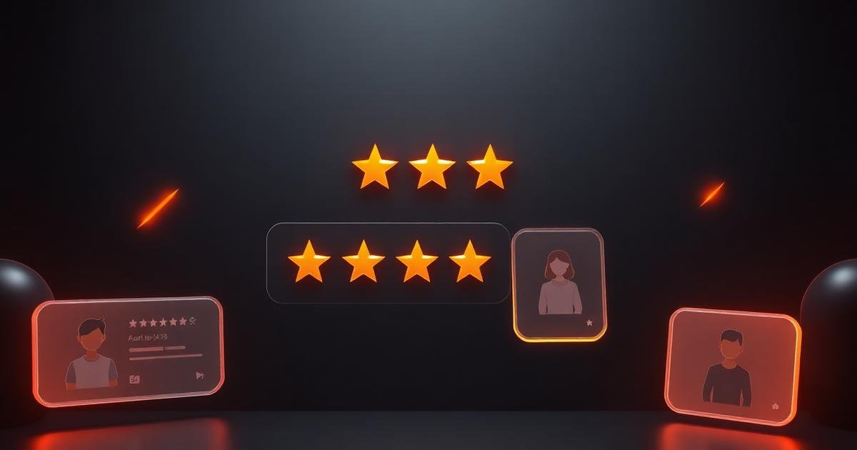 Render 3D de cartões de avaliação flutuantes com estrelas laranja luminosas sobre fundo escuro