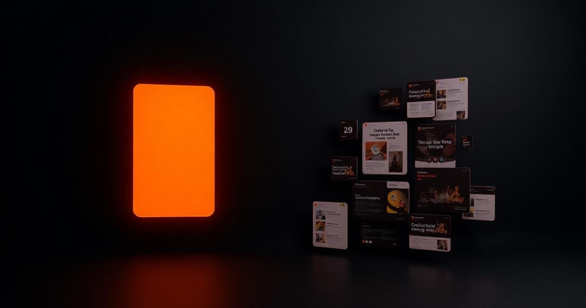 Render 3D de duas interfaces flutuantes, uma ampla e uma focada, com detalhes laranja