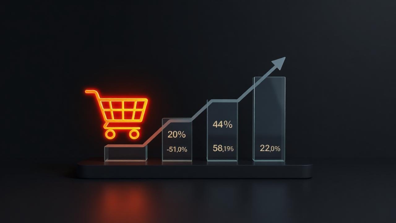 Ilustração 3D de carrinho de compras laranja subindo por gráfico de barras com curva de conversão ascendente