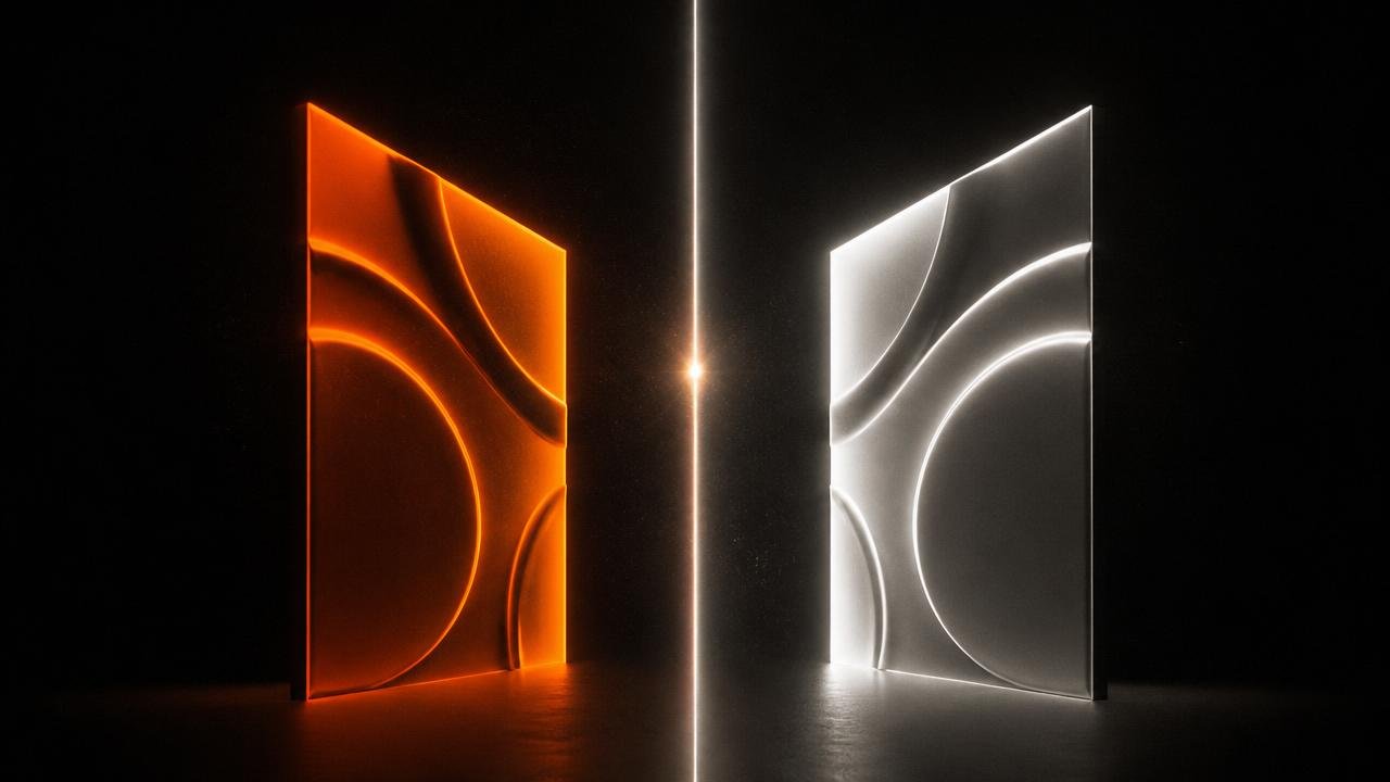 Dois painéis 3D idênticos, um laranja e um branco, separados por um feixe de luz, representando um teste A/B