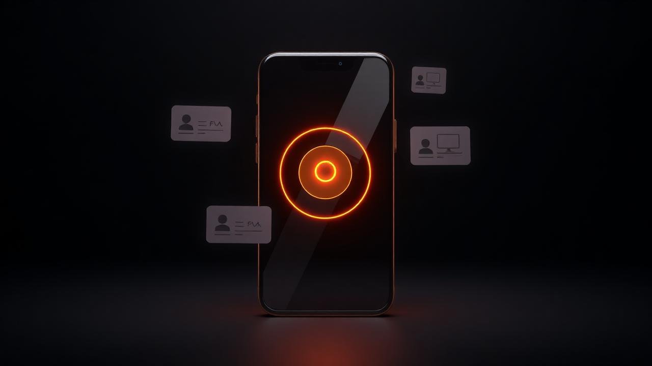 Render 3D de uma tela de celular escura com anéis laranja de observação e cartões de tarefa flutuando ao redor