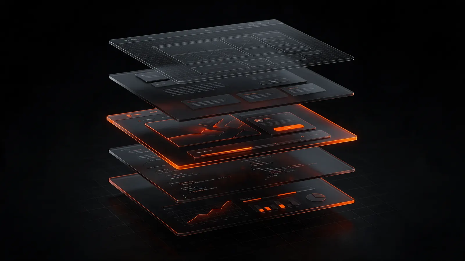 A landing page exploded into stacked glass layers: wireframe, copy, design, code and analytics