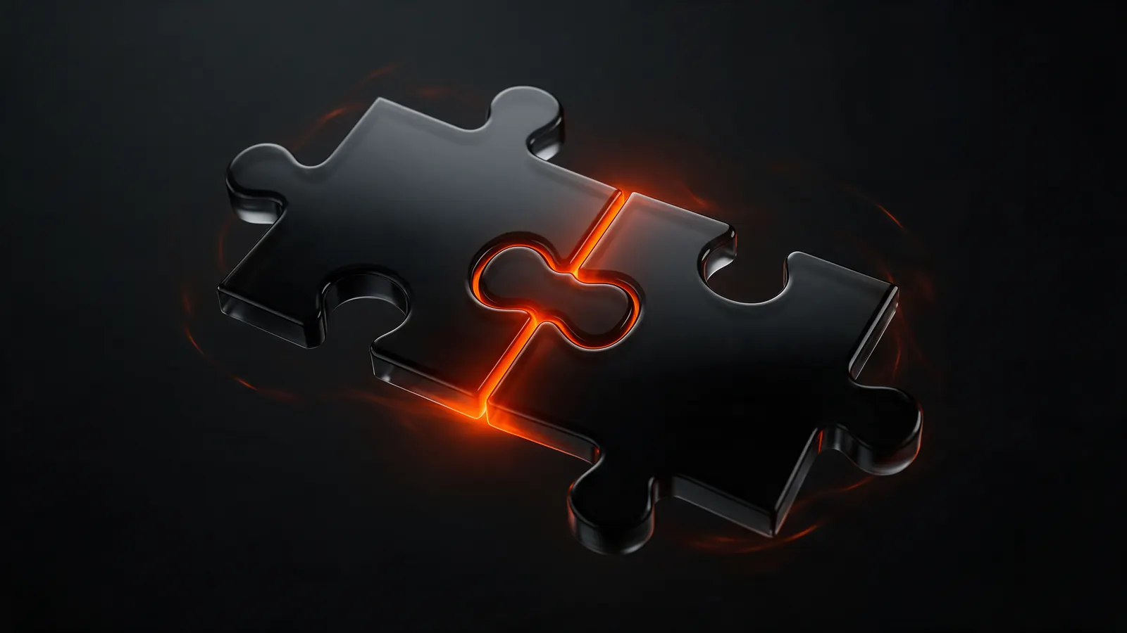 Two black glass puzzle pieces locking together with an orange glow along the seam