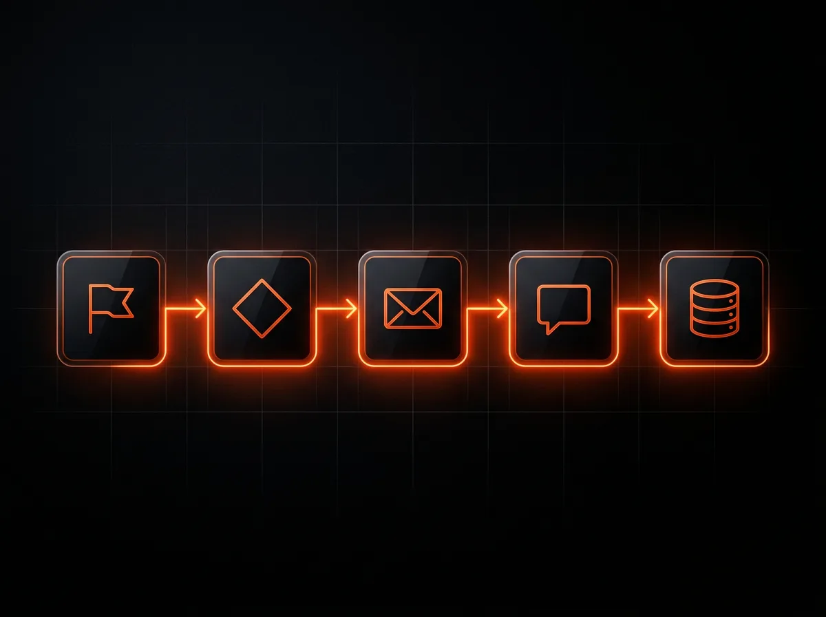 Fluxo de automação de e-mail e WhatsApp conectado a um CRM com etapas de nutrição